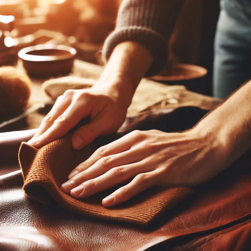 The hands of a leather worker are shown to demonstrate the history of leather conditioner.