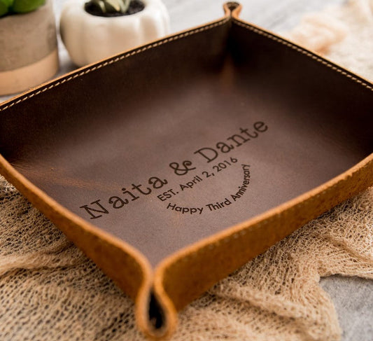 A leather valet is pictured to demonstrate leather's position as the traditional third wedding anniversary.