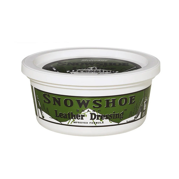 An 8oz tub of Snowshoe Brand Leather Conditioner is displayed on a white background.