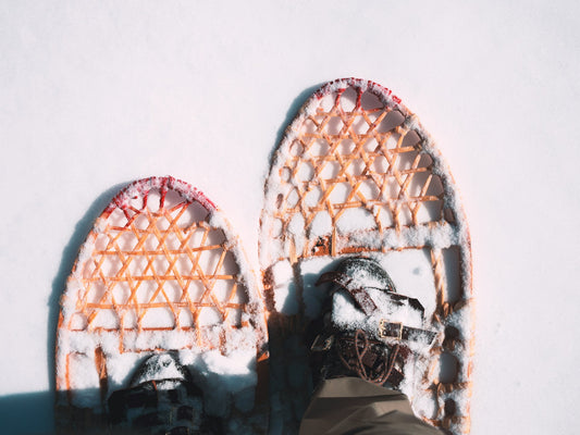 Leather snowshoes are pictured in snow, demonstrating how Snowshoe Leather Dressing can protect leather in the elements.