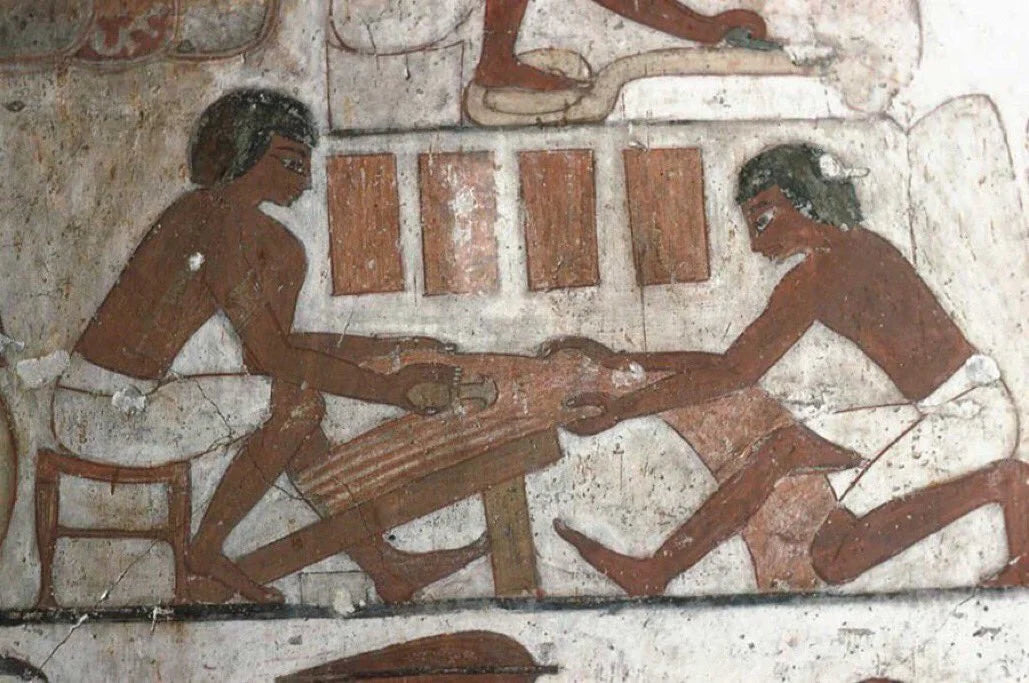 And image of Ancient Egyptian leather workers are shown conditioning leather as a means of demonstrating the historical importance of using leather conditioners.