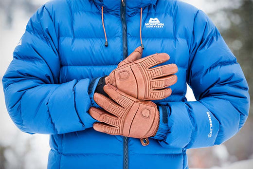 A person wearing a winter coat and leather gloves is shown to demonstrate winter leather care.