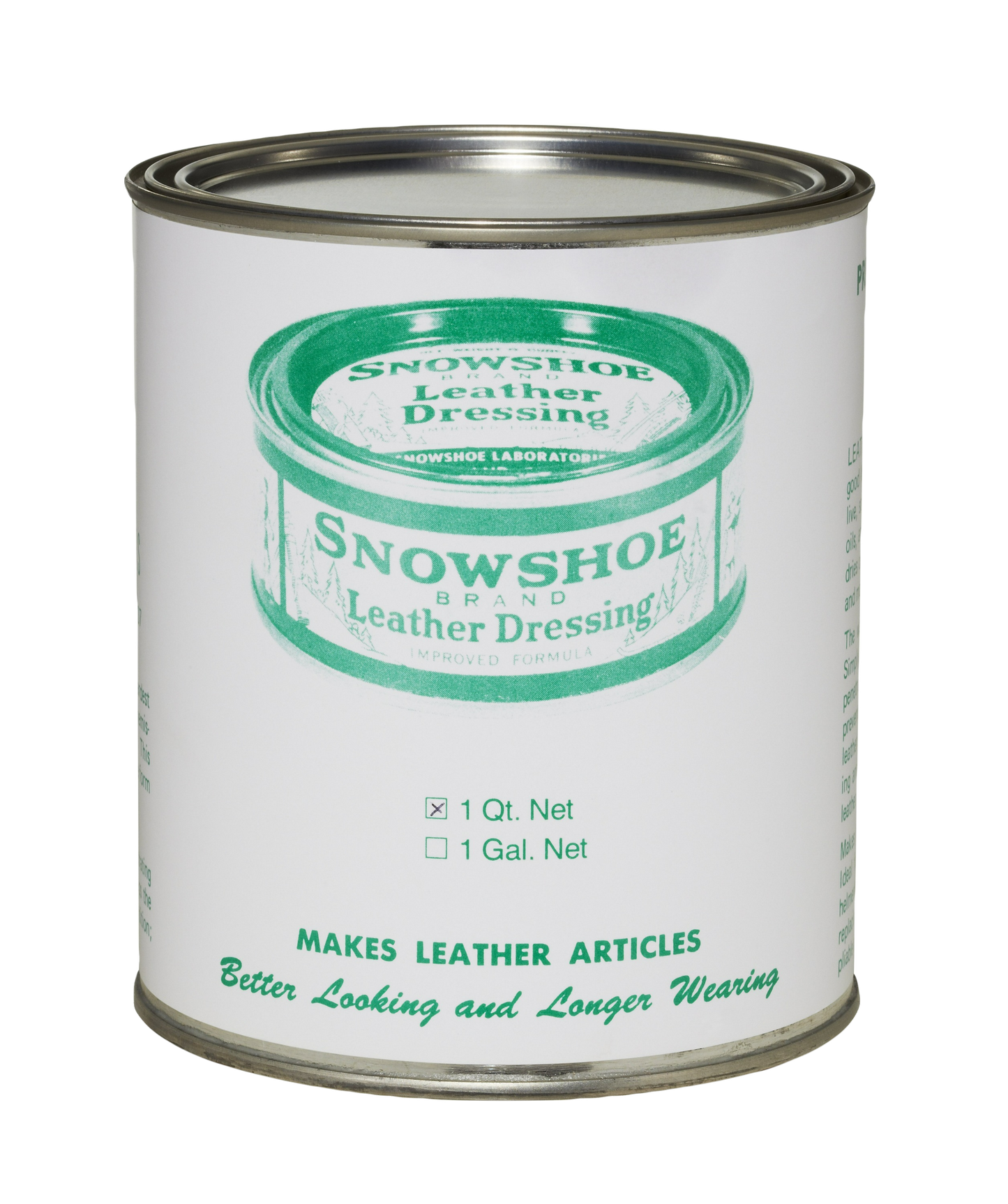 A quart can of Snowshoe Brand Leather Conditioner is displayed on a white background. 