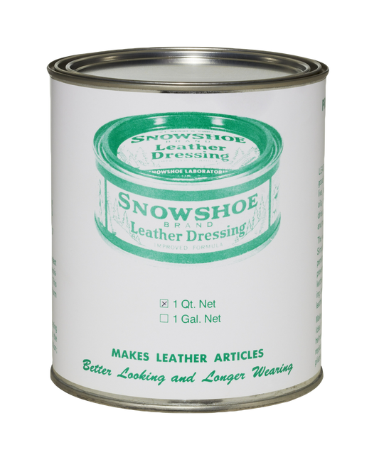 A quart can of Snowshoe Brand Leather Conditioner is displayed on a white background. 